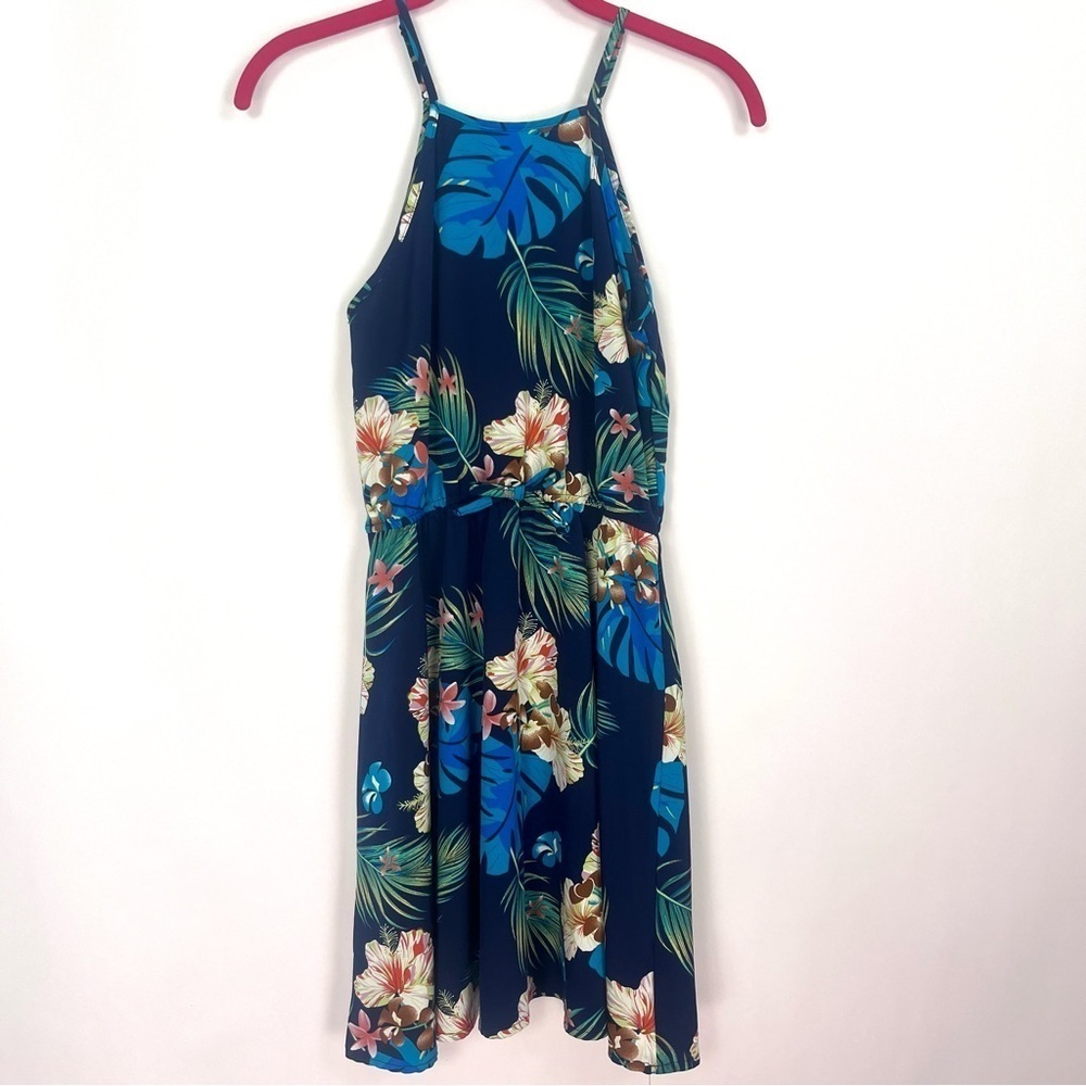 Shein Girls Blue Tropical Print Halter Dress Sz 11-12Y with front tie